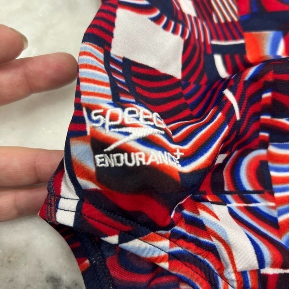 SPEEDO ENDURANCE Cubicle Plus Flyback USA Swimsuit Polyester Navy Red White S - Picture 4 of 8